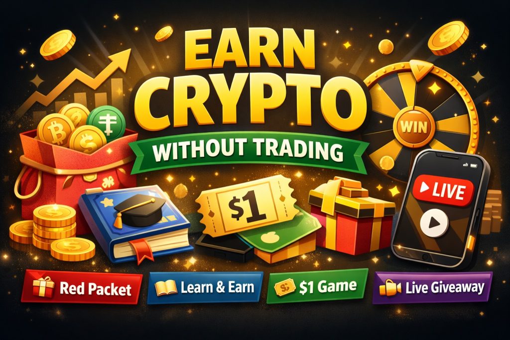 Earn Crypto Without Trading - Free Red Packet, Learn & Earn, $1 Game and Live Giveaway Illustration