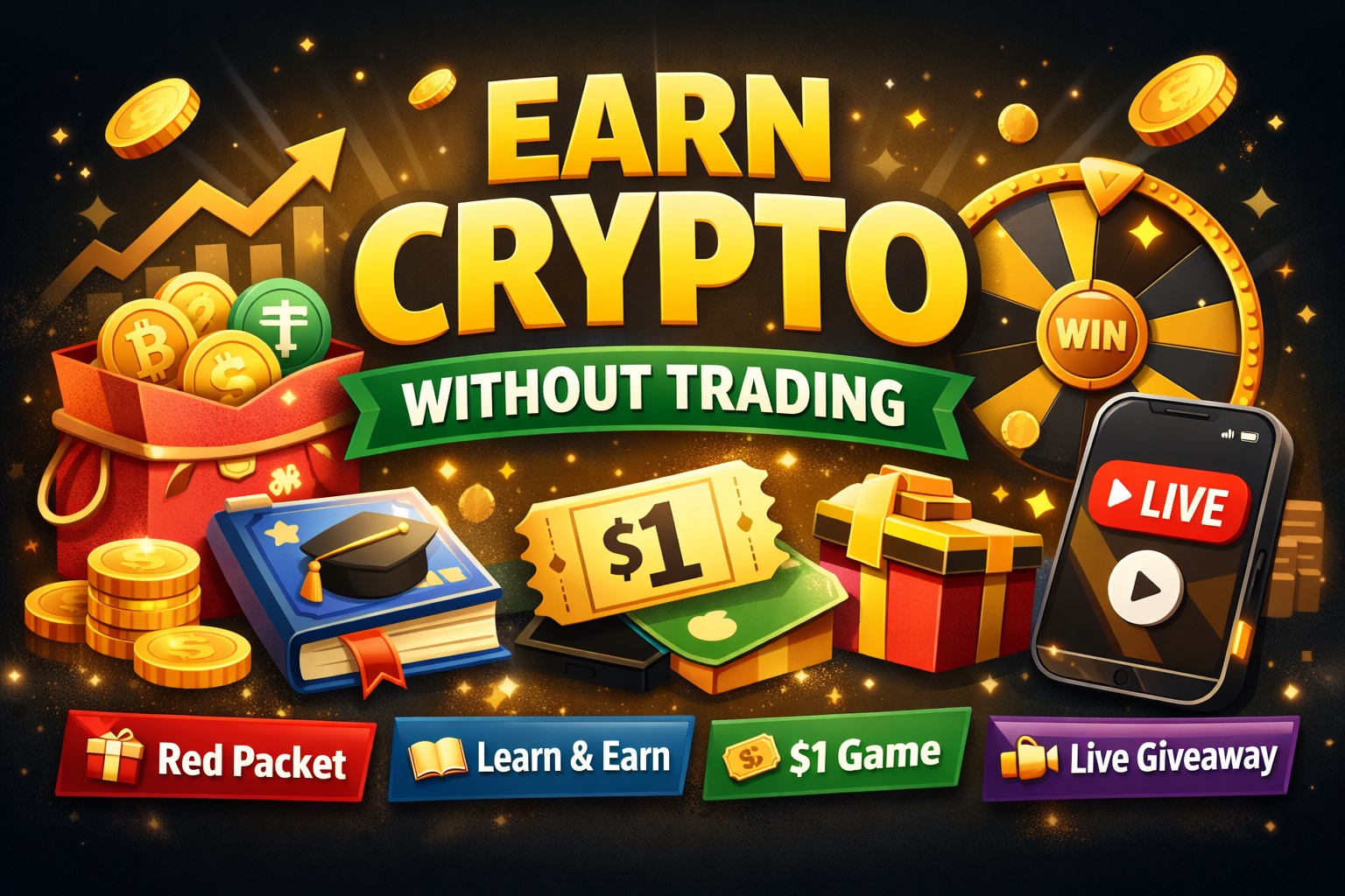 Earn Crypto Without Trading - Free Red Packet, Learn & Earn, $1 Game and Live Giveaway Illustration