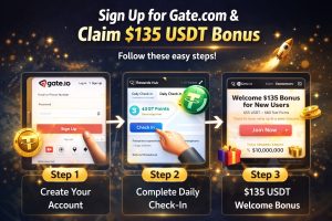 Step-by-step visual guide to sign up on Gate.com and claim $135 USDT welcome bonus, complete daily check-in rewards, and Mega Crypto Airdrop
