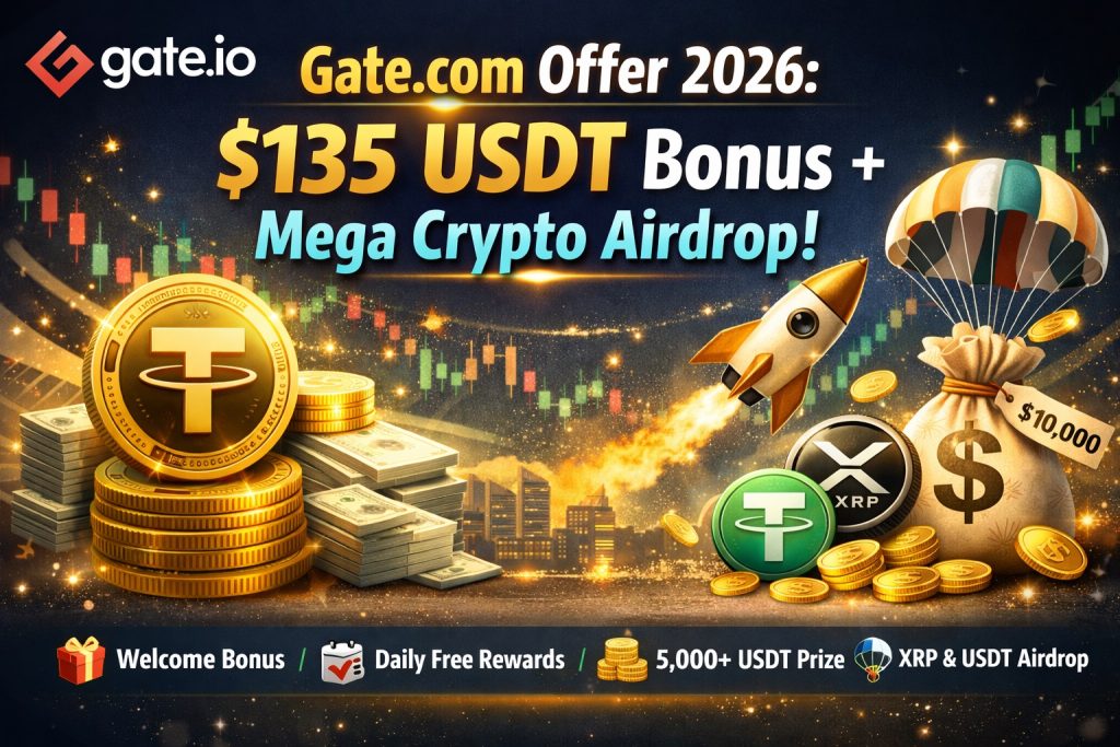 Gate.com Offer 2026 – Claim $135 USDT Welcome Bonus, Daily Free Rewards, Mega Crypto Airdrop, and GT Holder Benefits